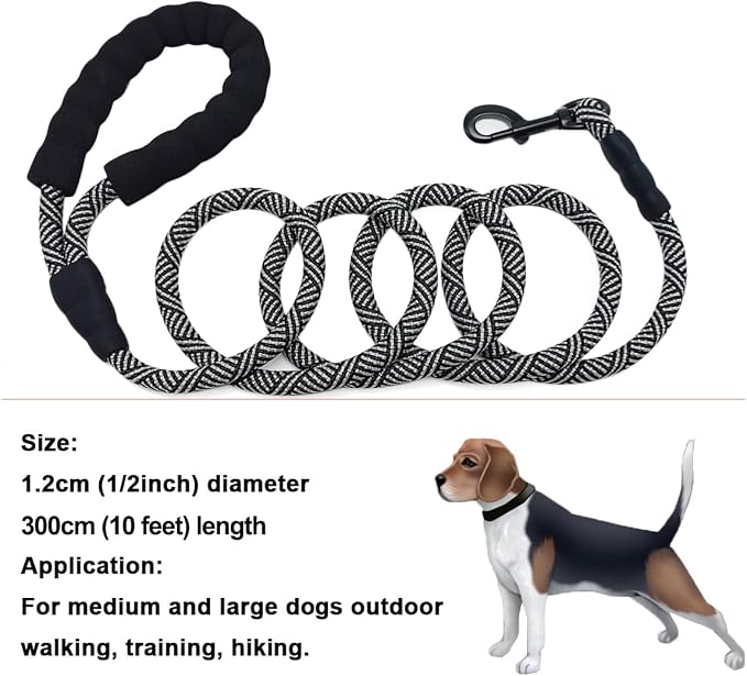 MayPaw Heavy Duty Rope Dog Leash, 3/4/6/7/8/10/12/15/20/30 FT Nylon Pet Leash, Soft Padded Handle Thick Lead Leashes for Large Medium Dogs (Black, 1/2" * 10') - Image 5