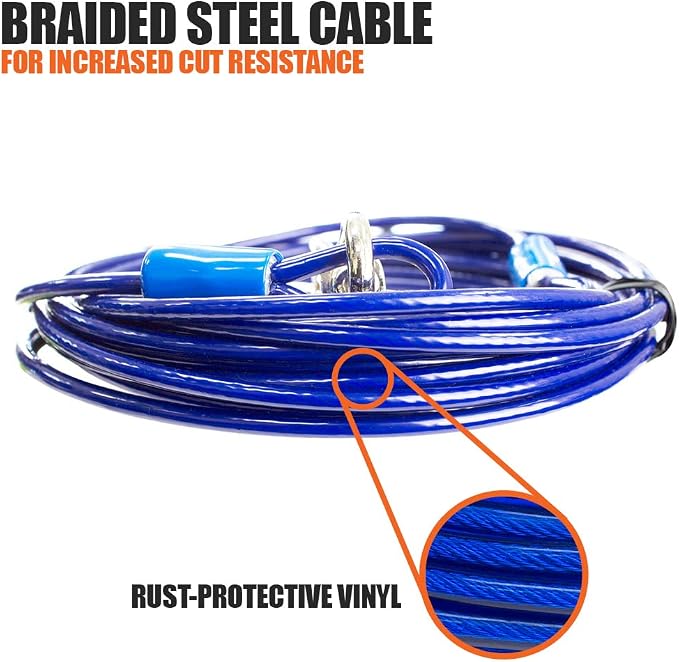 BV Dog Tie Out Cable 25 Feet - Heavy Duty Dog Lead Up to 60 Pounds - Reflective & Rust-Free with Quick Release Swivel Clips & 360° Rotating Clasp - Tangle-Free Dogs Runner for Yard (Blue, Single) - Image 5