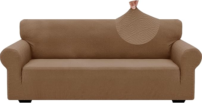 ZNSAYOTX 1 Piece Jacquard Couch Covers for 3 Cushion Couch Living Room High Stretch Sofa Cover Pets Dogs Friendly Anti Slip Thickened Slipcovers Furniture Protector (Large,New Pattern Light Coffee) by ZNSAYOTX