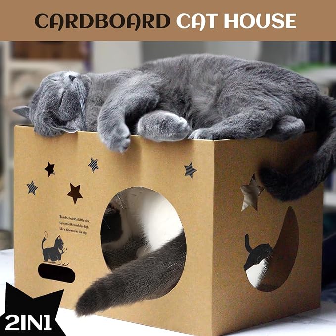 Cat Cardboard House with 2 PCS Scratching Pads，Large Cat Scratcher Bed Cat Scratchers Lounge for Indoor Cats with Corrugated Board Detachable Cat Scratcher Box for Cats(Star) - Image 4