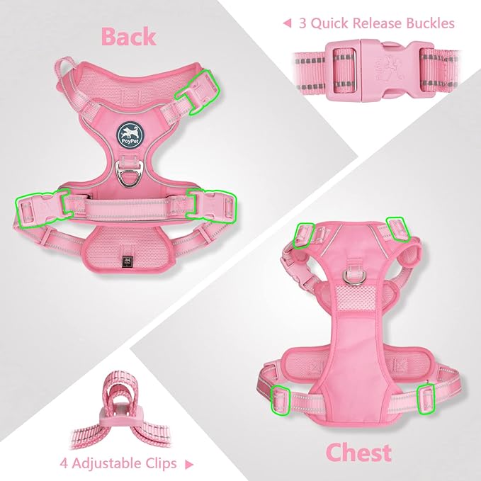 PoyPet No Pull Dog Harness, Reflective Vest with 2 Leash Clips & Handle | Lockable Neck Release Buckle, No Choke, Adjustable, Soft Padded, for Walking Training, Light Pink Matching Trim, Medium - Image 6