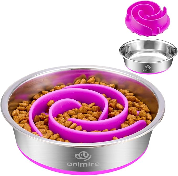 2-in-1 Metal Dog Bowl with Slow Feeder Insert, Stainless Steel Dog Bowls Food Grade 304, Water Food Bowl with Anti-Slip Silicone Base for Small, Medium, Large Dogs by Animire