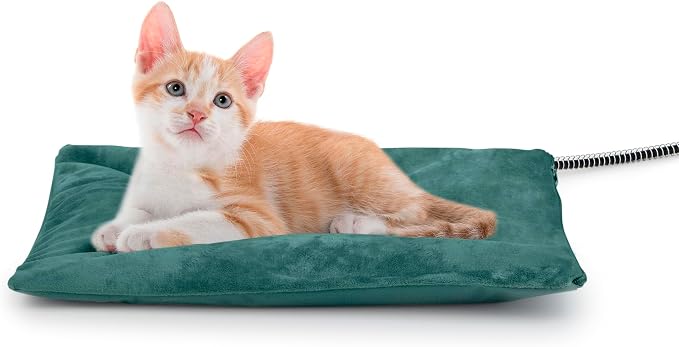 Outdoor Cat Heating Pad, 15.7" x 11.8", 30W, Green | Water-Resistant Bottom, Adjustable Cushion Loft, Auto Temperature Control, Ideal for Feral Cats, Kittens, Small Cat Houses by petace