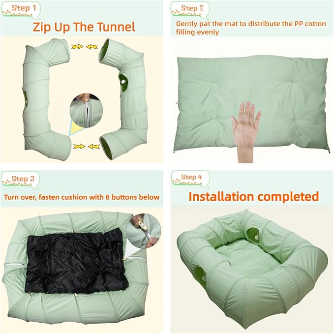 XxingSheep 4 Ways Shuttled XL Cat Tunnel Bed for Indoor Cats Peekaboo Cat Cave Donut with Cool Mat (Green) - Image 6
