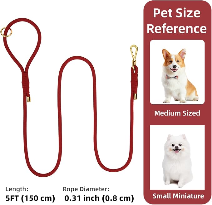 5FT Dog Leash 5/16 inch Puppy Cat Rope Lead | Burgundy Red, with Anti-tangle Swivel Clip, Comfortable Non-slip Grip Handle, Ideal for Daily Walks, for Small Medium Dogs - Image 2