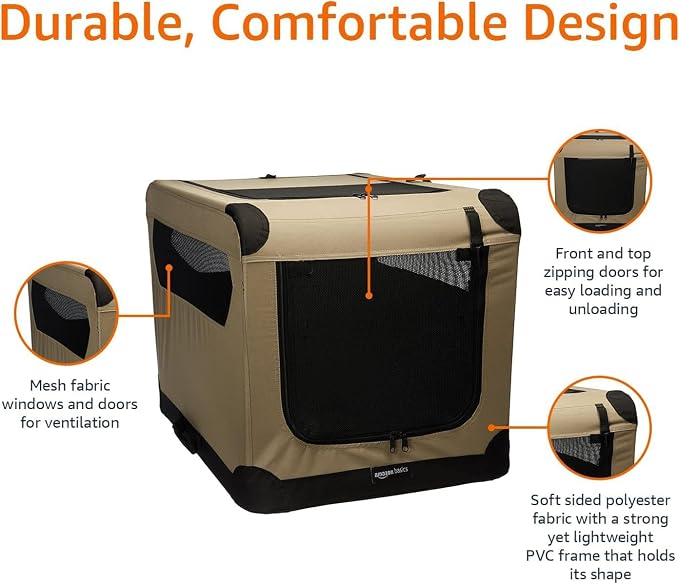 Amazon Basics Portable Folding Soft Dog Crate, Double Door, Collapsible Travel Kennel, Easy to Set Up, Sturdy, Secure, XL 42" x 31" x 31", Tan - Image 5
