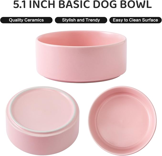 Ceramic Set of 2 Dog and Cat Bowls - Classic Food & Water Bowl for Kitty, Cats and Toy Breed Dogs, Weighted Dog Dishes, Food Grade Pet Bowl, Dishwasher & Microwave Safe (5.1'', 2*16OZ, Pink) - Image 2