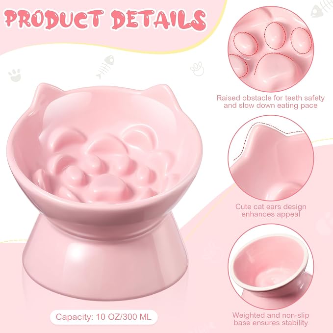 Funnymoom 2 Pcs Ceramic Raised Slow Feeder Cat Bowl, 5.91inch Elevated Cat Slow Feeder Bowl Tilted Anti Vomiting for Dry Wet Food and Water Easy to Clean High Edge(Pink, Blue) - Image 3