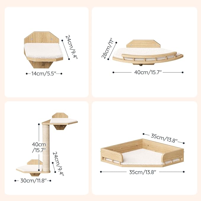 HOOBRO 11 Pcs Cat Wall Shelves for Large Cats up to 25 lb, Wooden Wall-Mounted Cat Shelves Set, Corner Cat Shelf with 2 Arched Platforms, Climbing System with Perche, Scratching Post, Natural NL49CS03 - Image 2