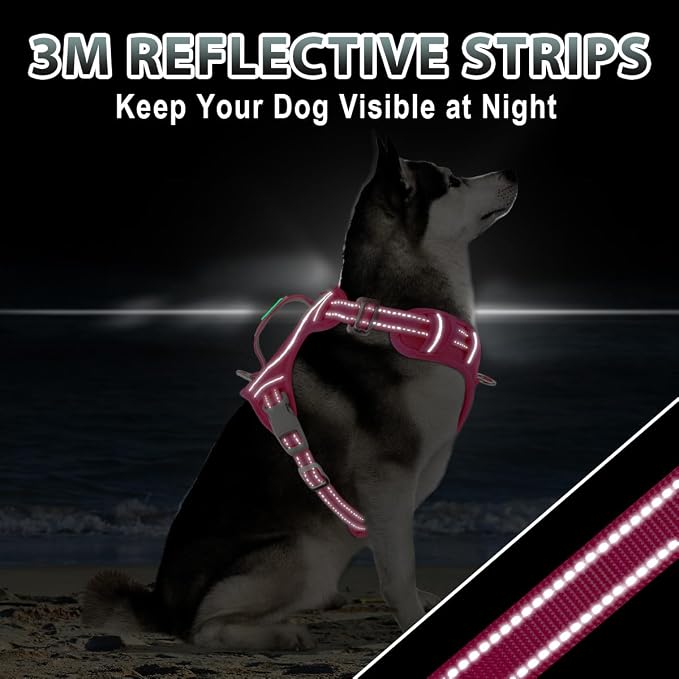 BARKBAY No Pull Dog Harness 3 Buckles Large Reflective Dog Harness with Front Clip and Easy Control Handle for Walking Training Running with ID tag Pocket(Pink,L) - Image 6