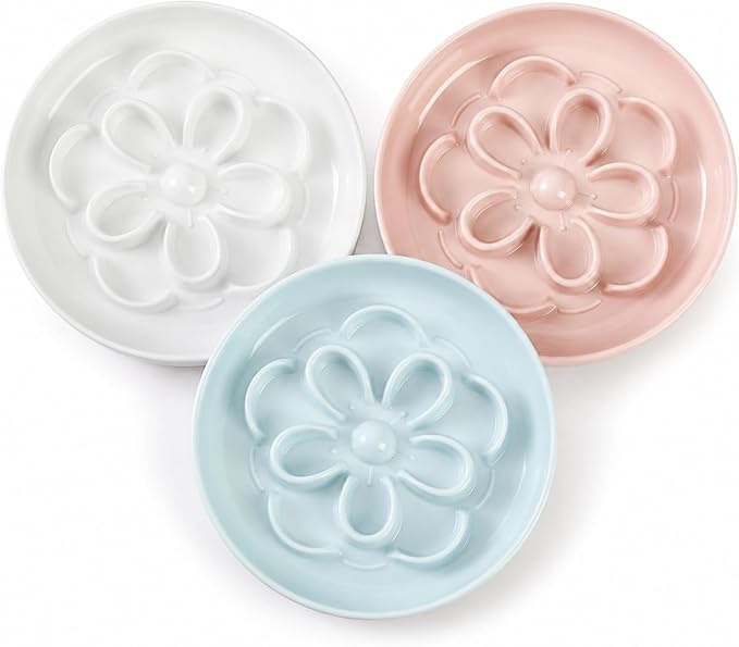 Melamine Cat Slow Feeder Bowl Set - Floral Maze Food Dishes for Cats and Small Dogs - Shallow Wide Plates for Dry & Wet Food - 3 Pack - White & Pink & Blue by PTOBER