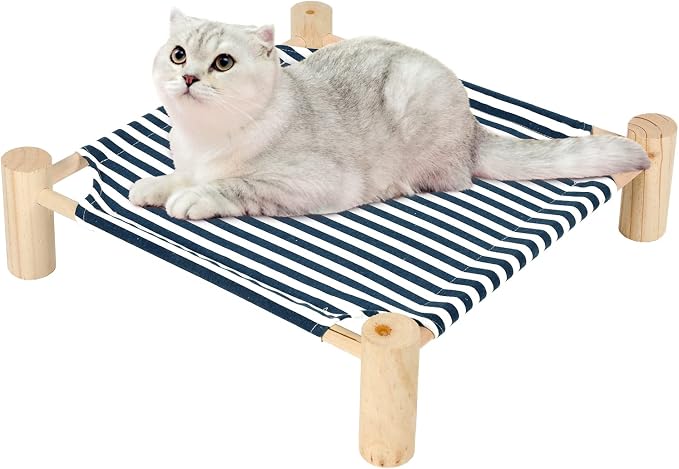 Patas Lague Cat Hammock Bed Small Eleveted Dog Bed 19x19 in Blue Stripe | Brethable Wooden Pet Bed, Cooling Rabbit Cot, Outdoor Cat Furniture For Summer - Image 2