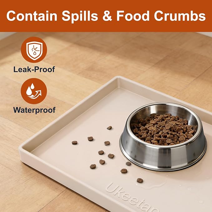 19" x 12" Extra Thick Silicone Mat Waterproof with Raised Edge, Beige | BPA-Free Non-Slip Dog & Cat Food Mat, Feeding Mat for Food and Water Bowls, Spill Proof Mat to Protect Floors - Image 3