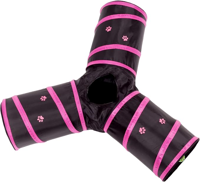 Cat Tunnel - Collapsible 3 Way Play Toy - Interactive Tube Toys for Rabbits, Kittens, and Dogs - Black/Pink - Image 3