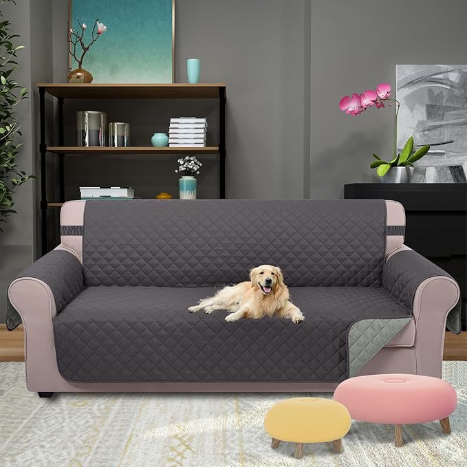 U-NICE HOME 4 Seater Sofa Cover 91''Large Couch Cover, Dark Grey/Light Grey | Washable, Pet Friendly, Elastic Straps, Water Repellent, Furniture Protector Mat for 4 Cushion Couch - Image 2