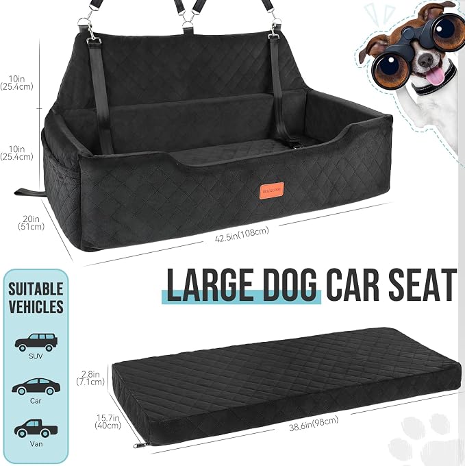 HEGGCOOE Large Dog Car Seat Under 100 lbs, Washable Dog Car Bed for 2 Medium Dogs, Detachable Pet Booster Seat with Storage Pocket and Seat Belt for Back Seat Dog Travel Bed - Image 2