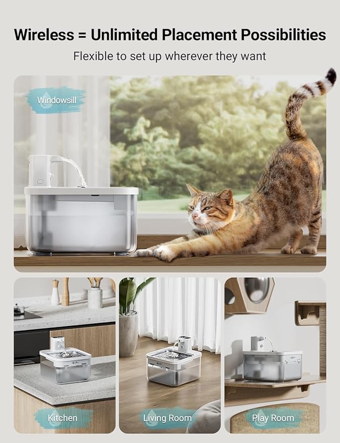 DownyPaws Cat Water Fountain Cordless, Pet Fountain, 84oz/2.5L, White Pro | Wireless Cat Drinking Water Fountains for Cats Indoor, Fursink , Battery Operated, Motion Sensor, Ultra Quiet Pump, BPA-Free - Image 2