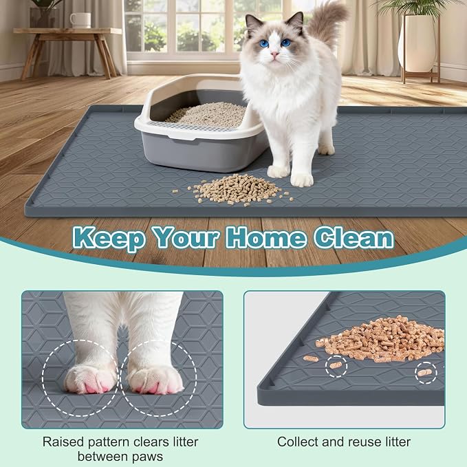 Cat Litter Mat Litter Trapping Mat, Silicone Cat Litter Box Mats for Floor, Non-Slip Litterbox Mat with Raised Edge, Easy Clean Pet Feeding Mat for Indoor Cats 34" X 22" Gray - Image 3