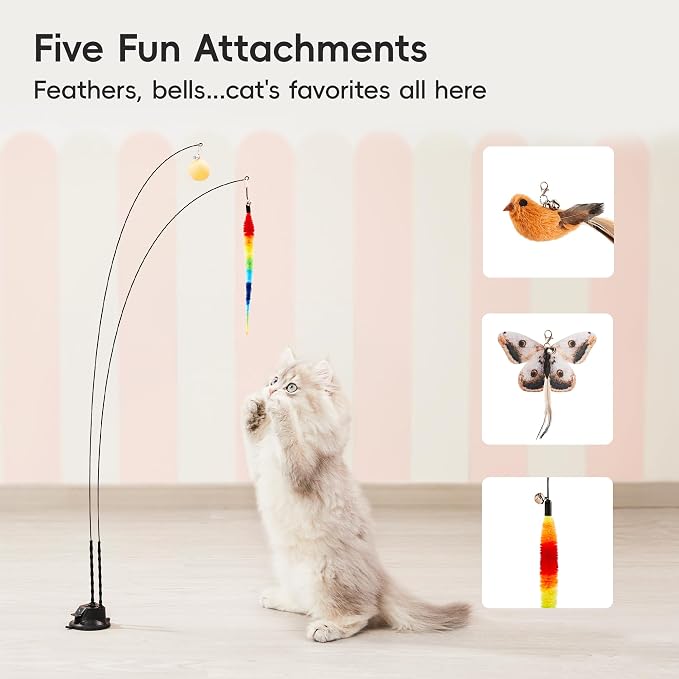 Potaroma Suction Cup Cat Wand Toys, Dual-Wand Interactive Kitten Toy | For Indoor Cats with 5 Pcs Feathers Balls Attachments, Charcoal Base - Image 5