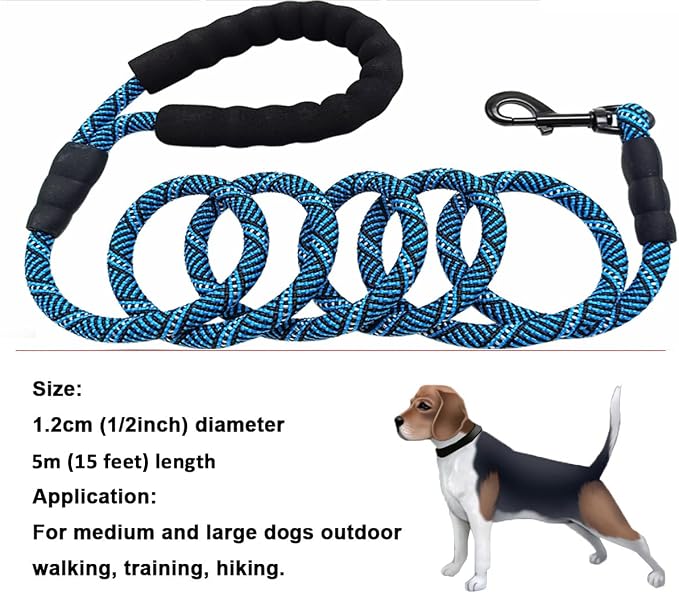 MayPaw Heavy Duty Rope Dog Leash, 3/6/8/10/12/15/20/30 FT Long Dog Lead Nylon Pet Leash, Soft Padded Handle Thick Lead Training Leashes for Large Medium Dogs (15ft * 1/2", Blue Black) - Image 5