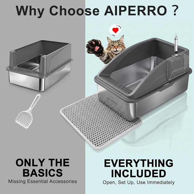 AIPERRO Stainless Steel Litter Box | XL Metal Cat Litter Boxs with Lid | Enclosed High Sided for Big Cats | Anti-Urine Leakage | Non-Stick & Easy to Clean with Litter Mat & Metal Scoop (Dark Gray) - Image 3