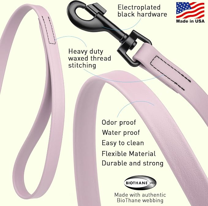 Dogline Biothane Waterproof Dog Leash Strong Coated Nylon Webbing with Black Hardware Odor-Proof Easy to Clean High Performance for Small or Large Dogs Made in USA 4 or 6 ft Lead, Pastel Purple - Image 2