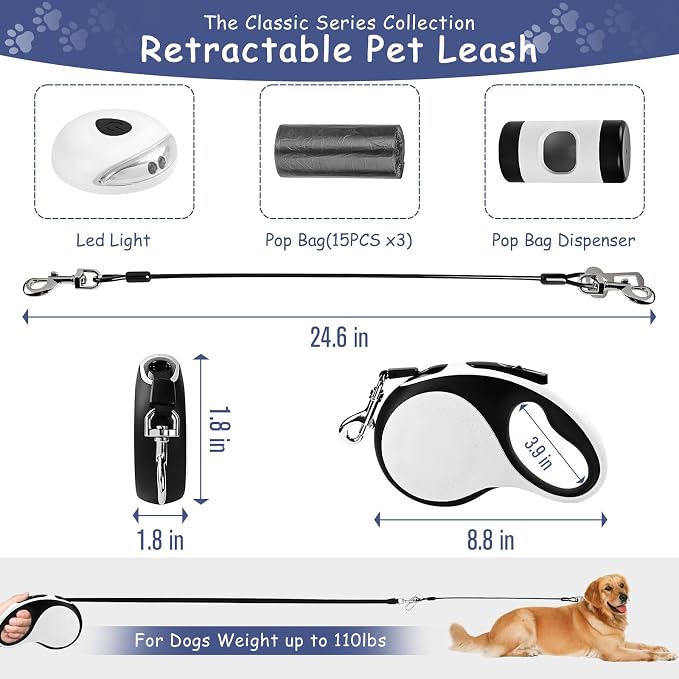 26Ft Retractable Dog Leash - for Dog Up to 110lbs, Tangle Free Walking Leash with Chew Proof Cable | LED Light | Dispenser | Poop Bags, Quick Lock Braking & Non-Slip Handle (White) - Image 2