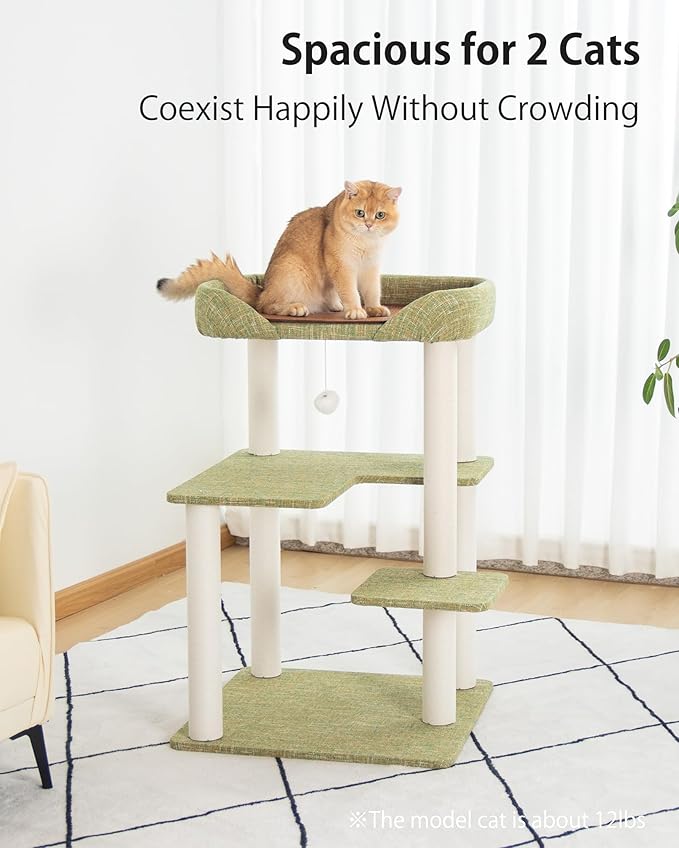 Cat Tree Tower 37.4'' (95 cm) with Scratching Posts,Multi-Level Cat Tree Tower with Wide Shelves for Senior Friendly Baby/Large Cats, Scratching Posts(Olive Green) - Image 4