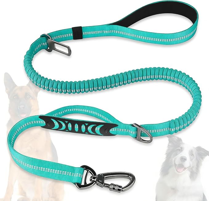 Dog Leash Heavy Duty, Bungee Leash Reflective Car Seat Belt for Dogs Green | 4-6FT Strong Shock Absorbing Tactical with 2 Padded Handles, Dog Tug Lead for Large Dogs Walking Running Training by Misthis
