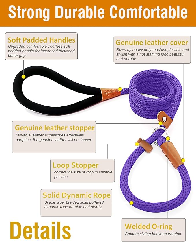 Dog Leash Slip Lead Braided Rope Pet Training Loop Leashes 5ft 6ft 8ft | Lynxking Strong Heavy Duty 1/2" 3/8", Durable Padded Handle No Pull Basic Training Nylon Lead,Small Medium Large Dogs Puppy - Image 2