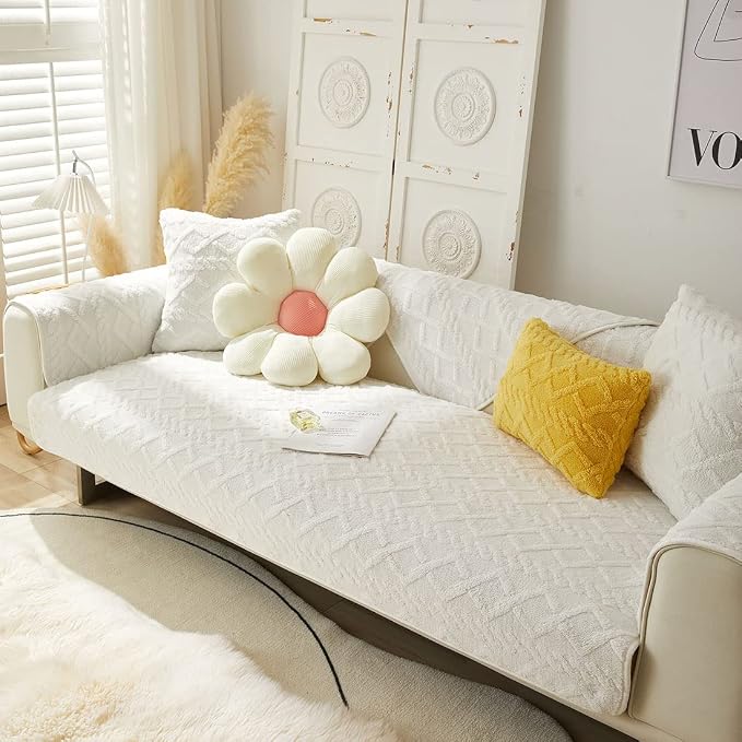 vctops Geometric Jacquard Plush Sofa Couch Covers Farmhouse Neutral Non Slip Sectional Couch Cover Soft Warm Sofa Slipcover for Dogs, Children, Pets Furniture Protector (White,28"x82") - Image 4