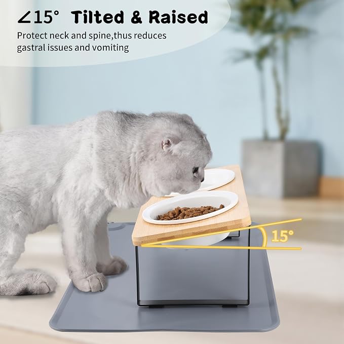 Elevated Whisker Friendly Cat Bowls, 15 Tilted Stand Anti Vomiting Raised Dishes for Food and Water, Ceramic Bowls for Cats and Puppy,Bamboo - Image 4