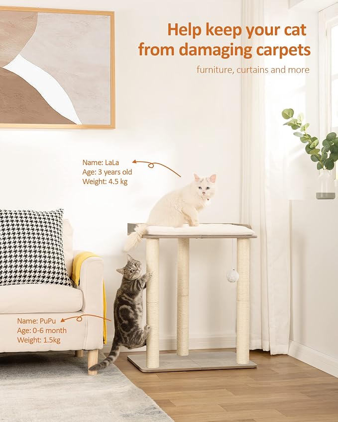26.7in Large Cat Tree Tower Condo, Cat Scratch Posts for Indoor Cats, Big Plate, Three 23.6in Full Sisal Scratching Posts, Greige - Image 2