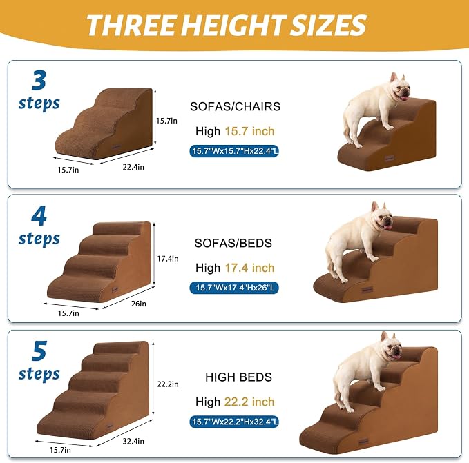 Aodisman Dog Stairs for High Bed,5-Step Pet Ramp for Small Dogs and Cats | 22.2" H Dog Steps for Bed with High-Density Foam, Help Olders,Short-Legged Dogs,Puppy and Cats Get on Beds Easily,Grey,Brown - Image 6