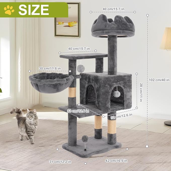 Cat Tree Tower with Hammock,40" Cat Trees for Indoor Cats Large Adult(Grey) | Modern Cat Tree Tower with Scratching Post, Cats Condo Furniture with Cloud Top Perch, Cats Climbing Tower for Kittens - Image 3