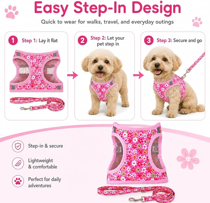 Step in Dog Harness Leash Set- All Weather Reflective No-Pull Floral Pattern Padded Mesh Vest Harness for Cats Puppy Extra-Small Small Medium Large Dogs - Pink Flower - XS - Image 3
