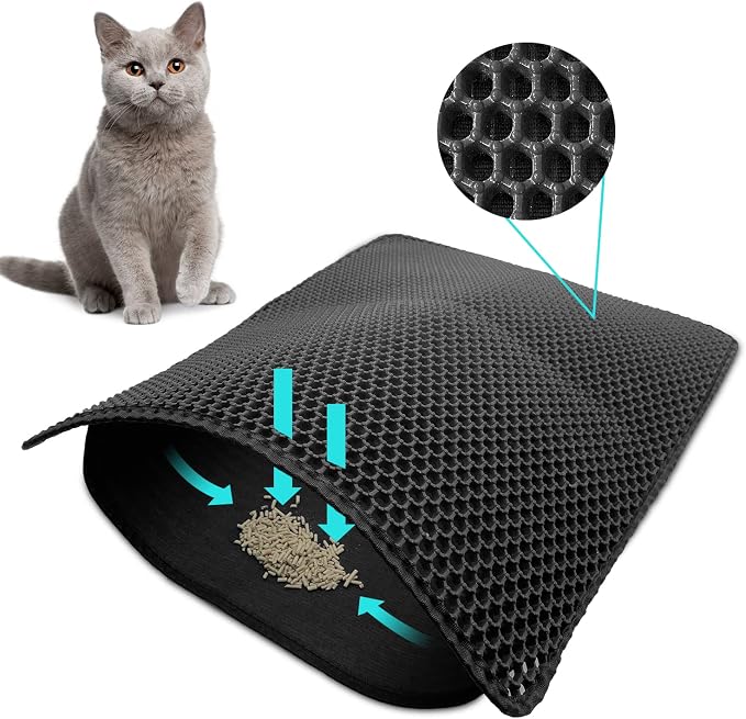 Cat Litter Mat 24 x 18 Inch, Double-Layer Honeycomb Litter Trapping Mat with Waterproof Leatherette Bottom, Urine-Resistant, Non-Slip, Easy to Clean, （Black） by Y-jiayol