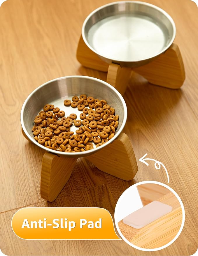 Raised Stainless Steel Cat Bowl with Bamboo Stand (1 Pcak) | Dishwasher Safe, Non-Slip Pads, Wide, Flat and Shallow Bottom, Anti Whisker Fatigue, Cute, Plate for Dry and Wet Food - Image 5