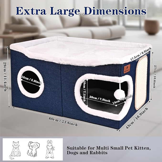 Extra Large Cat Beds for Indoor Cats, Covered Cat Cave Beds & Furniture with Scratch Pad and Fluffy Ball, Foldable Cat Condo Hideaway with Reversible Cushion for Multi Small Pet Large Kittens, Blue - Image 2
