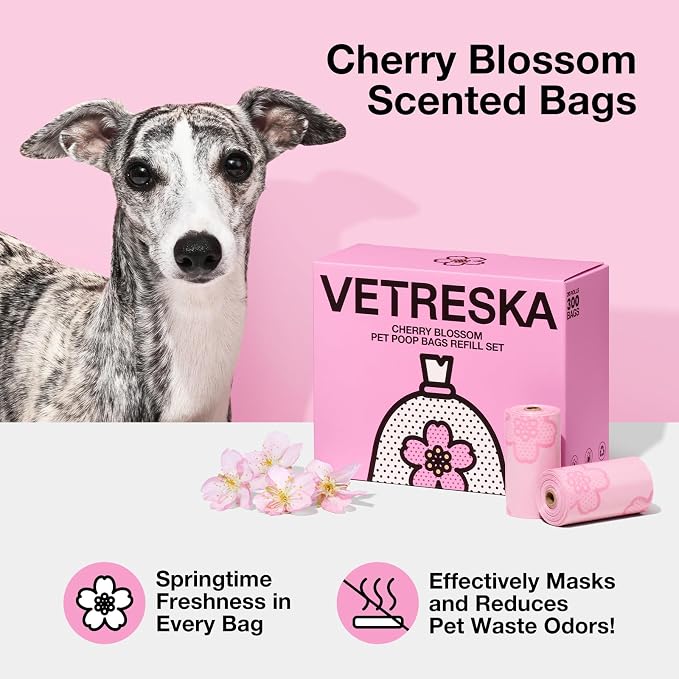 VETRESKA Cherry Blossom Scented Dog Poop Bags, Leak Proof, 300 Counts | Extra Thick and Large Pet Waste Bags for Dog Walking and Cat Litter, 20 Refill Rolls - Image 5