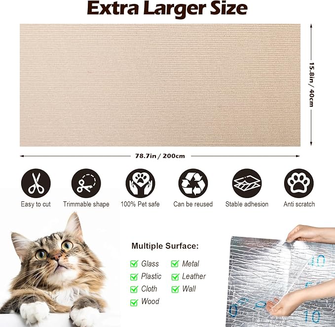 Cat Scratch Furniture Protector, 78.7"x15.8" Cat Scratch Pad for Couch | Trimmable Self-Adhesive DIY Sofa Wall Cats Tower Mat, Replacement Pads from Pet Claws, Beige - Image 2