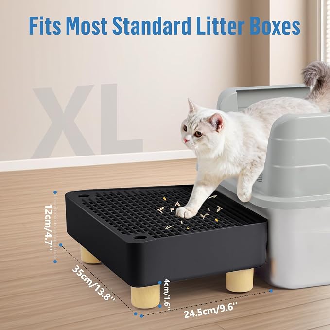 Extra Large Cat Litter Box Step Ramp, Cat's Litter Catcher Mat with Wooden Feet, Filter Function, Pedal Stool for Self-Cleaning Cat Litter Box, Ideal for Kitten & Elderly Cats (Black) - Image 2