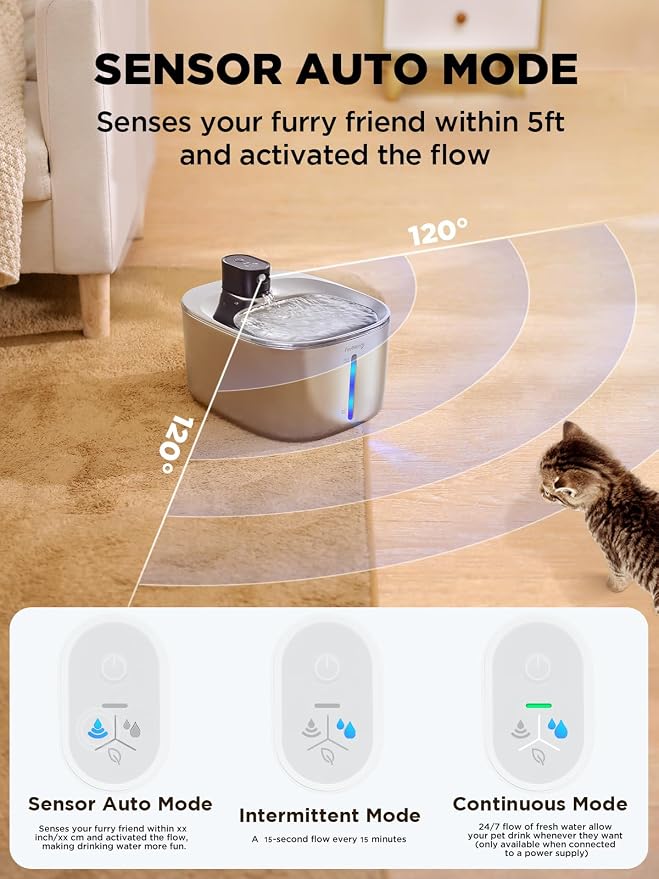 Cordless Cat Water Fountain, Battery Operated, 4L/135fl oz Stainless Steel Pet Water Fountain for Cats Dogs with Motion Sensor, Ultra Quiet Cat Drinking Fountain with 6 Filters (YPD-C004S) - Image 3