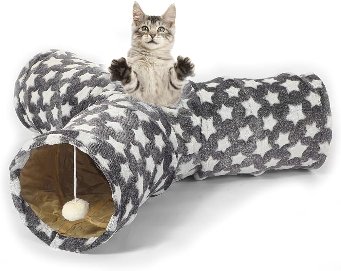 Cat Tunnel Toy- 3 Way-Shaped, Gray Star Pattern, Soft Velvet Exterior, Oxford Fabric Fog-Proof Interior, Plush Toy Ball, Easily Washable, Conveniently Foldable - Image 4