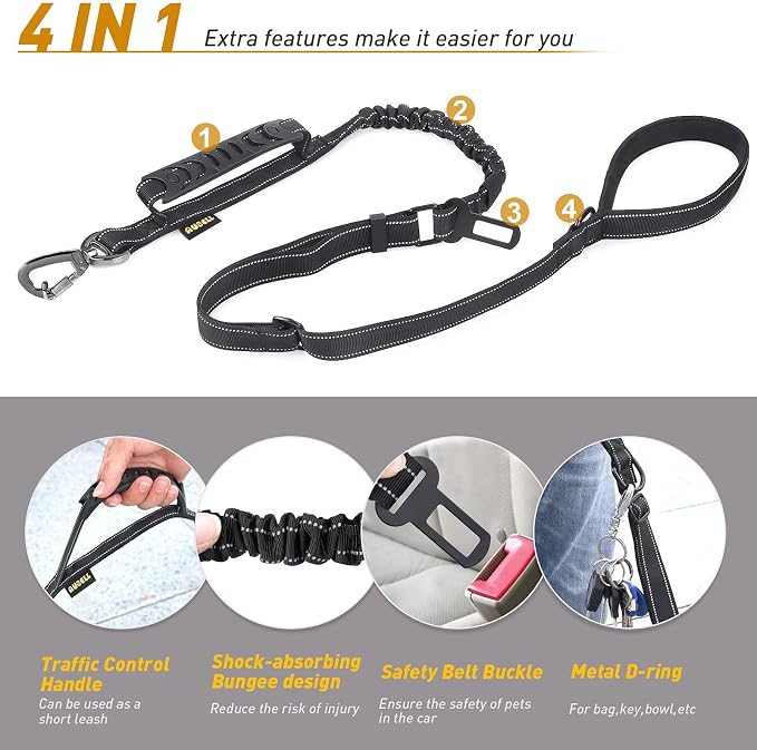 AUBELL Tactical Dog Leash Heavy Duty,4-6ft No Pull Bungee Leash,Black | Reflective Dog Leash for Medium Large Dogs with Comfortable Padded Double Handle,Car Seat Belt,360 Degree Rotating Carabiner - Image 4