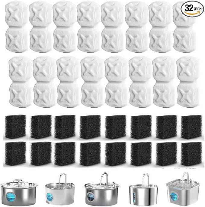 Cat Water Fountain Filter: 32 Cat Fountain Filter - 16 Filters & 16 Sponges | Compatible with Stainless Steel Cat Water Fountains for ATMZIQXR, GIOTOHUN, KOOGMOON, UMOCUOY, IHOUONE, and HOOISE. by Unknown