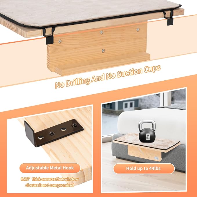Petsfit Cat Window Perch Natural Solid Wood with Removable Fleece Mat, Safety Sturdy Cat Perch, Fit for Windows/Door/Drawer - Image 5