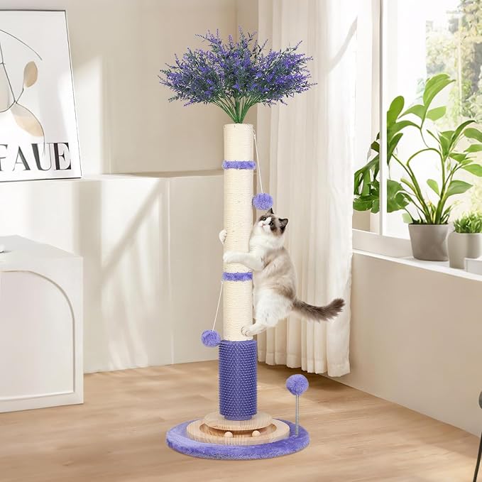 45" Tall Cat Scratching Post for Large,Heavy Duty Scratcher Tree | Solid Wood Base,3.5" Sisal Post,Hanging Ball Toy,Self-Grooming Brush,Interactive Ball Track,Stylish Decor for Any Home - Image 7