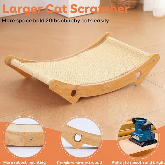 Sisal Cat Scratcher Bed, Natural Wood Hammock, Extra Large Scratching Pad | Extra Large, Sisal Mat Hammock, Kittens & Adults, Indoor - Image 2