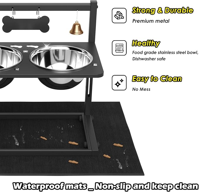 Elevated Dog Bowls With Mat, Adjustable Height 4.3-11.8'', Two 1.7L Stainless Steel Food & Water Bowls, Metal Raised Stand for Large, Medium Dogs - Image 4